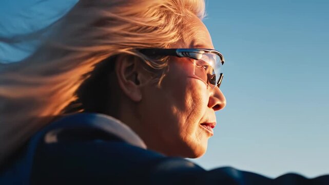 Empowered Senior Woman Wearing Sports Sunglasses Looking at Sunset for Healthy Lifestyle and Active Aging Concepts.