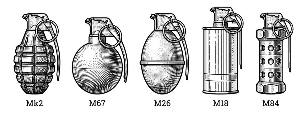 Military hand grenade set Mk2 M67 M26 M18 M84 engraving