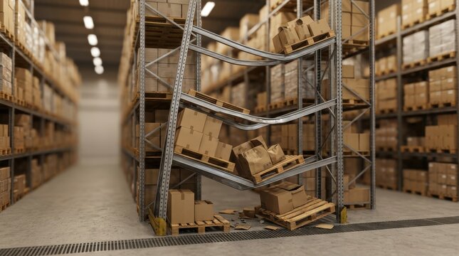 Medium shot of a warehouse virtual model highlighting broken inventory racks with the remaining storage area softly blurred.
