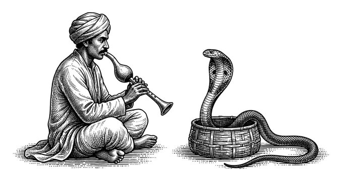 Indian snake charmer playing flute to cobra engraving