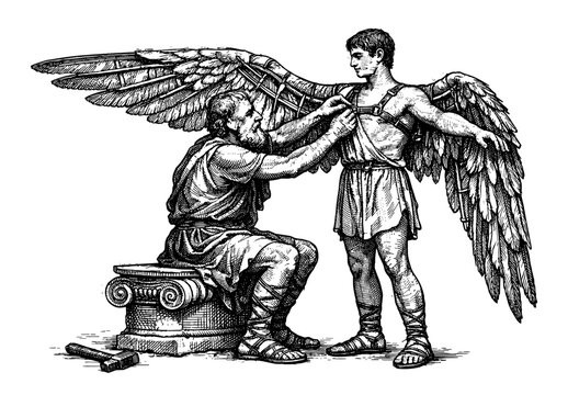 Daedalus attaching wing to Icarus in vintage engraving
