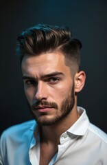 Fototapeta premium Young man with stylish haircut and short beard wears white shirt. He looks seriously into camera against dark background. Attractive male portrait studio shot. Confident handsome guy.