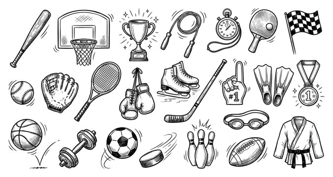 Sport equipment set ball racket trophy glove medal stopwatch skate sketch