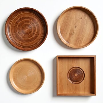 Four diverse wooden trays arranged on white surface. Round and square shapes display natural wood grain and circular patterns. Kitchen serving dishes or decorative plates.