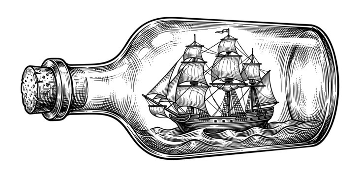 Sailing ship in glass bottle with cork vintage engraving