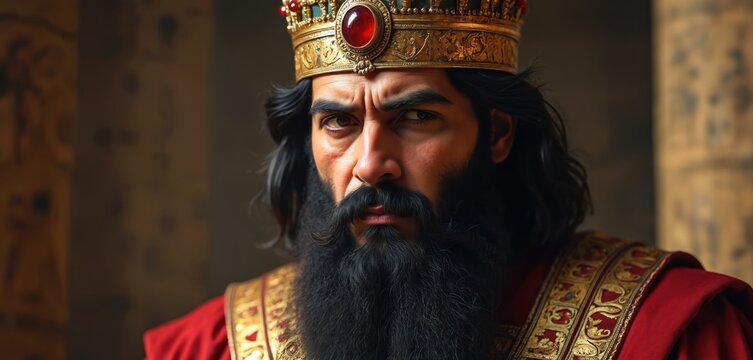 King with black beard wears gold crown with red gem. He has dark hair and wears red royal attire with gold trim. Imperial ruler looks sternly forward. Ancient man is serious.