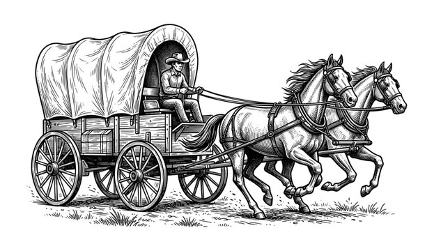 Covered wagon set horse driver and western carriage engraving