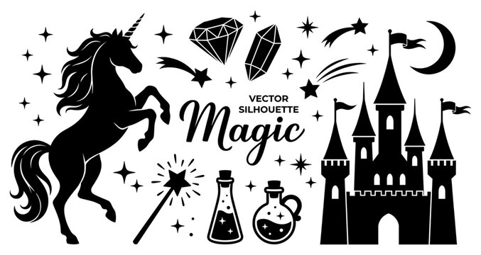 Magic set unicorn castle magic wand potion and star silhouette