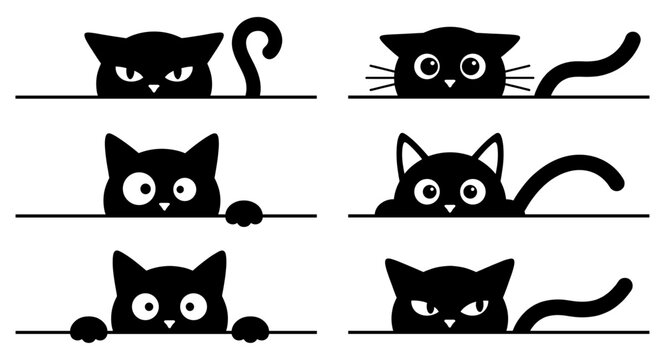 Black cat set with peeking kitten eyes tail and paw silhouette