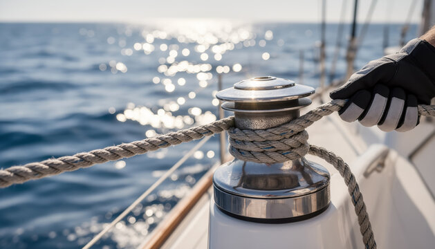 Close up of a gloved hand pulling a nautical rope through a stainless steel winch on a luxury yacht deck with sparkling blue sea water background during a summer sailing trip