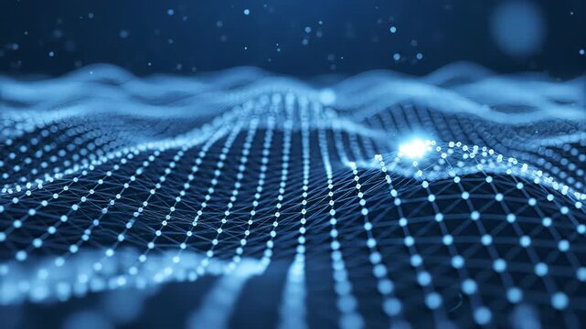 Blue abstract technology background with a waving digital plexus grid, glowing nodes, and floating particles, representing concepts like data connection, communication, and cyberspace