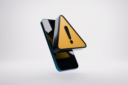 3D rendering of a modern smartphone with a floating yellow warning triangle and exclamation mark on a white background. Concept of digital security, system error, mobile alert, or cyber threat. Scam