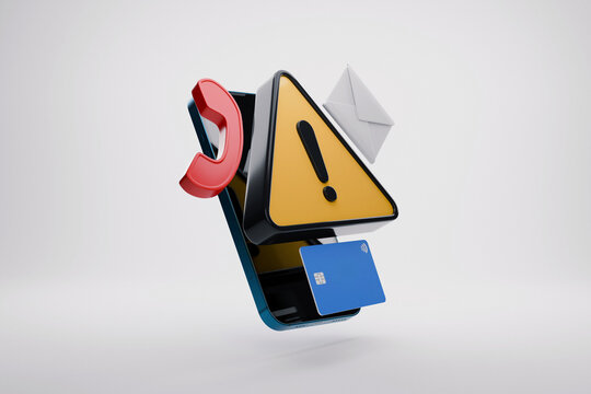 smartphone surrounded by a warning triangle, credit card, envelope, and phone icon. Concept of multi-channel cyber attacks, mobile fraud, phishing, and financial data theft. Scam concept