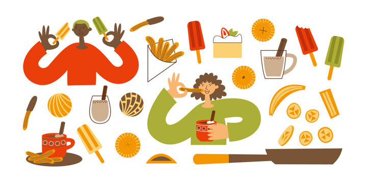 Mexican desserts set with horchata, concha, coyotas, tres leches cake, paletas, churros, fried bananas and hot chocolate. Traditional sweet Latin American food with characters.