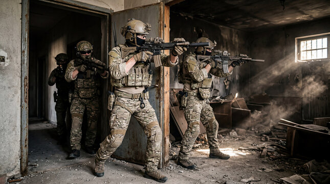 Armed Unit Moving Through Building In CQB Mission