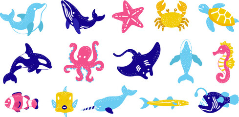 colorful drawn marine animals set elements whale dolphin octopus and sea creatures isolated for kids web design stickers decor © pani_Nadichka