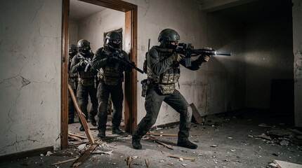 Fototapeta premium Military Team Breaching And Securing Interior Rooms