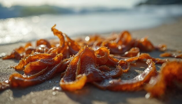Brown kelp seaweed lies wet on sandy beach. Ocean waves wash ashore revealing marine detritus. Natural aquatic plant glistens in sun. Beach shore has tide line.