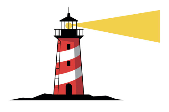 Striped lighthouse shines its yellow beam across the water.