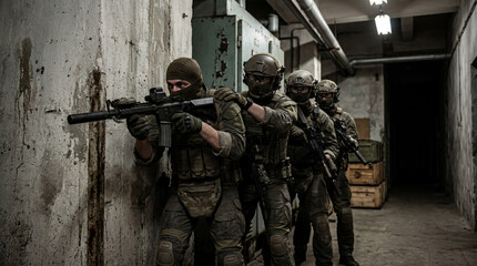Fototapeta premium Elite Soldiers Conducting Indoor Close Combat Operation