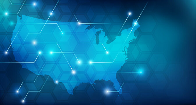 Connected United States of America map &ndash; Blue concept related to USA trade / digitalization / connection.