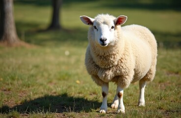 Fototapeta premium White sheep stands in a green meadow on a sunny day. The fluffy mammal has dark markings on its legs and looks directly at the camera. This farm animal grazes peacefully in the countryside.