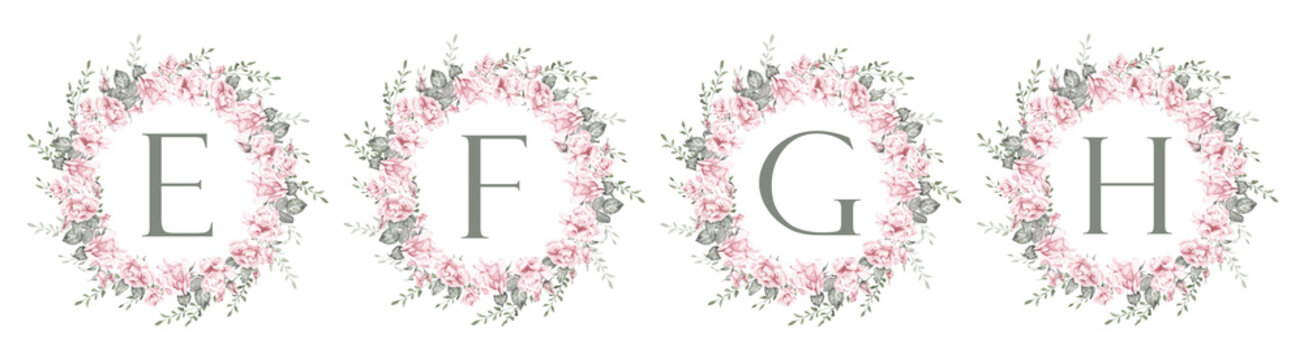 Floral alphabet letters E, F, G, H with rose wreaths, elegant botanical monogram initials for wedding invitations, branding, logos and romantic design elements