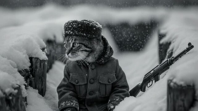 Cat in a Soviet World War II winter uniform sitting in a snowy trench. Tabby cat as a soldier with a rifle in the snow. Historical military metaphor