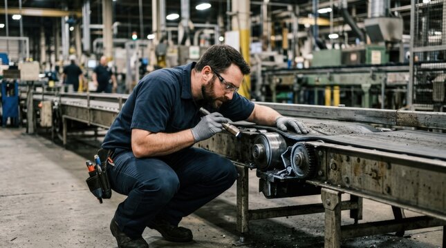 Medium shot of a technician closely examining a malfunctioning factory line conveyor belt focused on identifying breakdown causes amid blurred industrial background.
