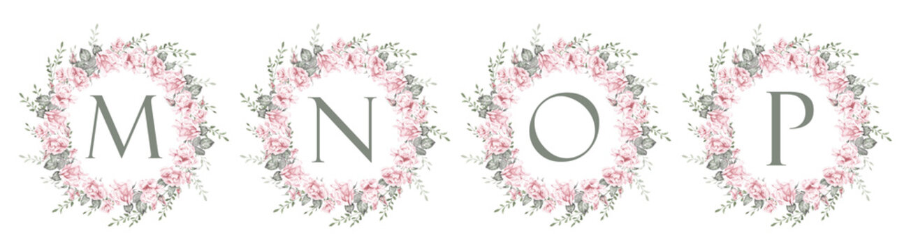 Watercolor floral alphabet letters M, N, O and P with elegant pink peony wreaths. Hand painted botanical uppercase initials for monograms, wedding stationery, invitations, branding and romantic floral