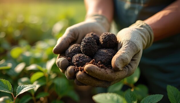 Farmer holds fresh black truffles in gloved hands. Cultivated fungi are gathered from soil in a field. Rare delicacy from sustainable agriculture.