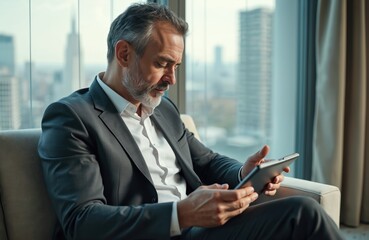 Fototapeta premium Mature man in suit works on tablet near window. Businessman uses digital device in modern office. He plans strategy and analyzes data, staying connected online.