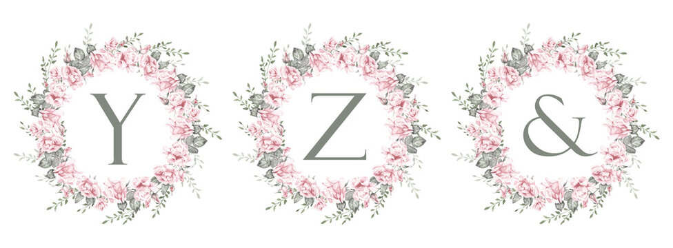 Floral alphabet letters Y, Z, & with rose wreaths, elegant botanical monogram initials for wedding invitations, branding, logos and romantic design elements