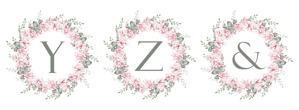 Floral alphabet letters Y, Z, & with rose wreaths, elegant botanical monogram initials for wedding invitations, branding, logos and romantic design elements