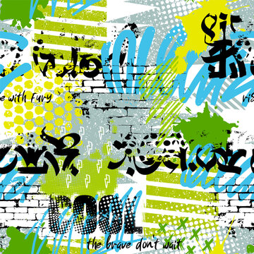 Abstract seamless chaotic pattern with graffiti words and calligraphy. Bright neon Grunge texture background. Fashion urban  style Wallpaper