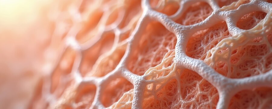 Microscopic view of skin collagen network. Fibers intertwine, creating a strong elastic matrix. Cellular structure supports skin firmness and integrity. Medical illustration.