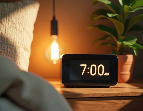 Digital alarm clock shows 7am on bedside table near pillow and plant. Warm light bulb illuminates morning wake up scene. Time for new day starts.