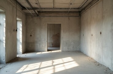 Fototapeta premium Empty room under construction with bare concrete walls, exposed pipes on ceiling. Sunlight streams through windows casting grid patterns on floor. Ready for renovation or interior design.