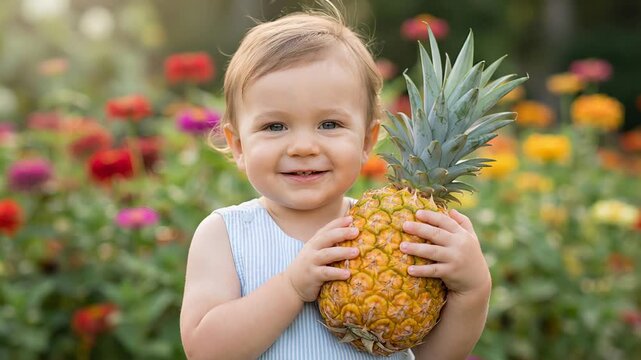 Cheerful blond baby boy with blue eyes smiling and holding a ripe pineapple while standing in a colorful flower garden during a sunny summer day. Representing a healthy lifestyle and happy childhood