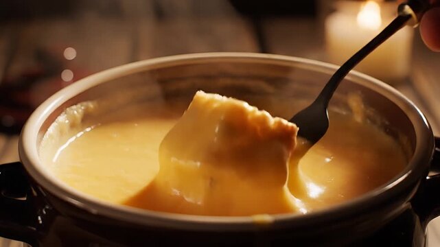 Delicious Cheese Fondue Being Dipped with Bread in a Cozy Setting.