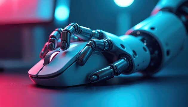 Robotic arm manipulates computer mouse. Futuristic technology, artificial intelligence, automation, digital interaction and cybernetic integration themes.