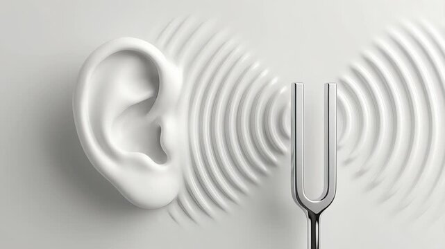 Conceptual animation of a rotating tuning fork creating sound waves that travel towards a human ear on a white background, symbolizing hearing, sound perception, and audiology science