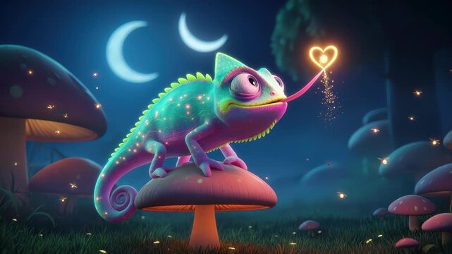 Adorable cartoon chameleon sitting on a mushroom in an enchanted forest at night, catching a glowing, heart shaped firefly with its long tongue under a crescent moonlit sky