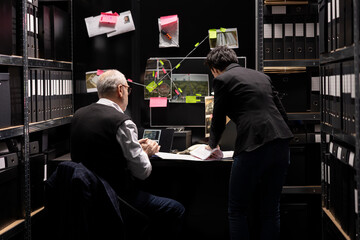 Team of criminologists interpreting fingerprints and classified evidence, organizing case files and...