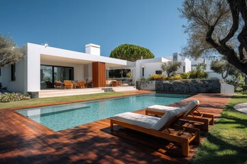 Fototapeta premium Luxurious modern villa with a pool and lounge chairs on a sunny day