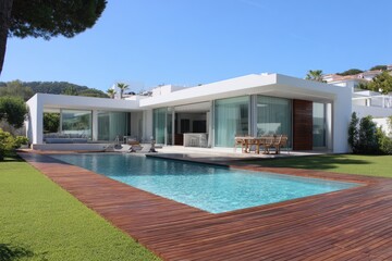Fototapeta premium Luxurious modern villa with pool, wood deck, and open design