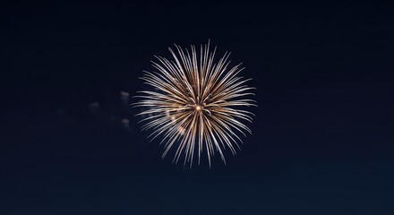 Fototapeta premium A sophisticated holiday background showcasing radiant golden and silver firework displays exploding across a serene dark blue midnight sky, radiant, evening, shimmering