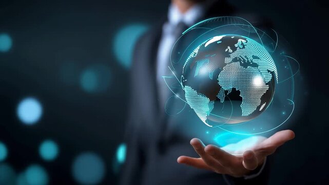 Executive Presenting Virtual Global Network Sphere Highly realistic tech-business scene, suited executive slightly blurred in background right, sharp focus on hand holding luminous