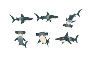 Fototapeta premium Colorful cartoon shark set featuring hammerhead variations on white background