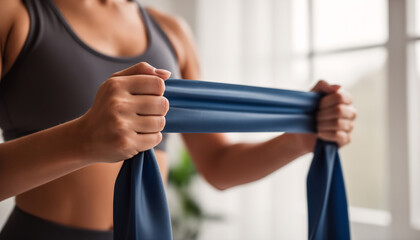 Plakat Close-up of a woman hands stretching a blue elastic resistance band during a fitness workout in a bright gym for strength training physical therapy and wellness concepts